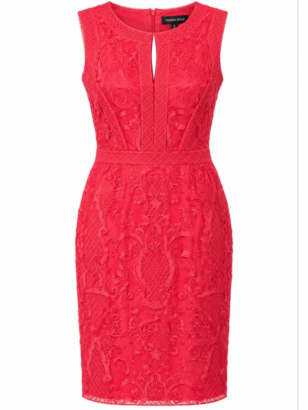 TADASHI SHOJI | Rouge Red Tonal Embroidered Tulle Keyhole Cocktail Dress | 6
